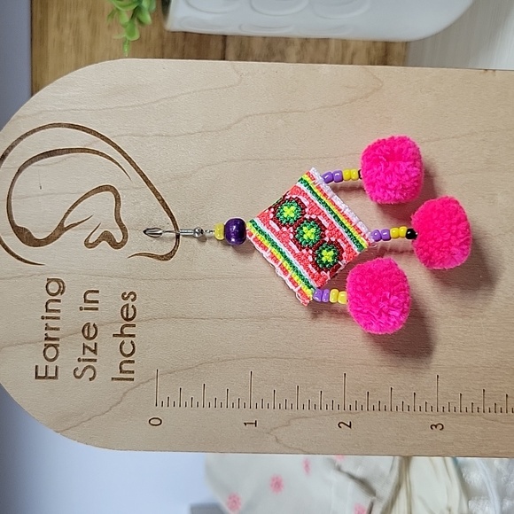 Hmong Tribe Embroidered Dangle Pom Pom Drop Earrings - Picture 3 of 7